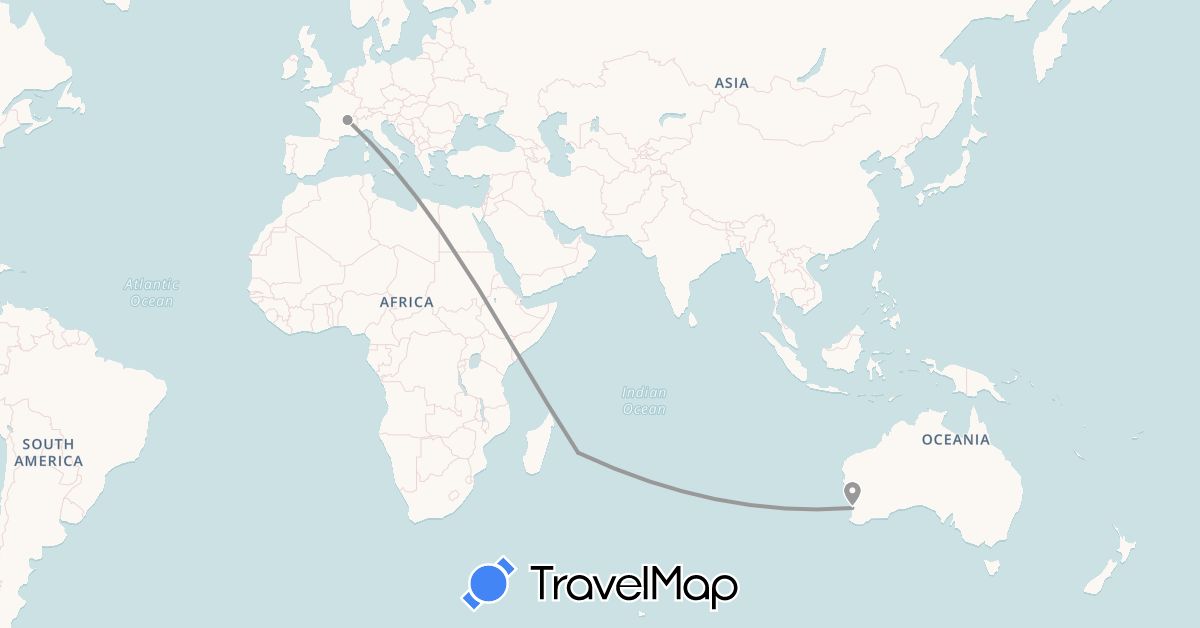 TravelMap itinerary: driving, plane in Australia, France, Réunion (Africa, Europe, Oceania)